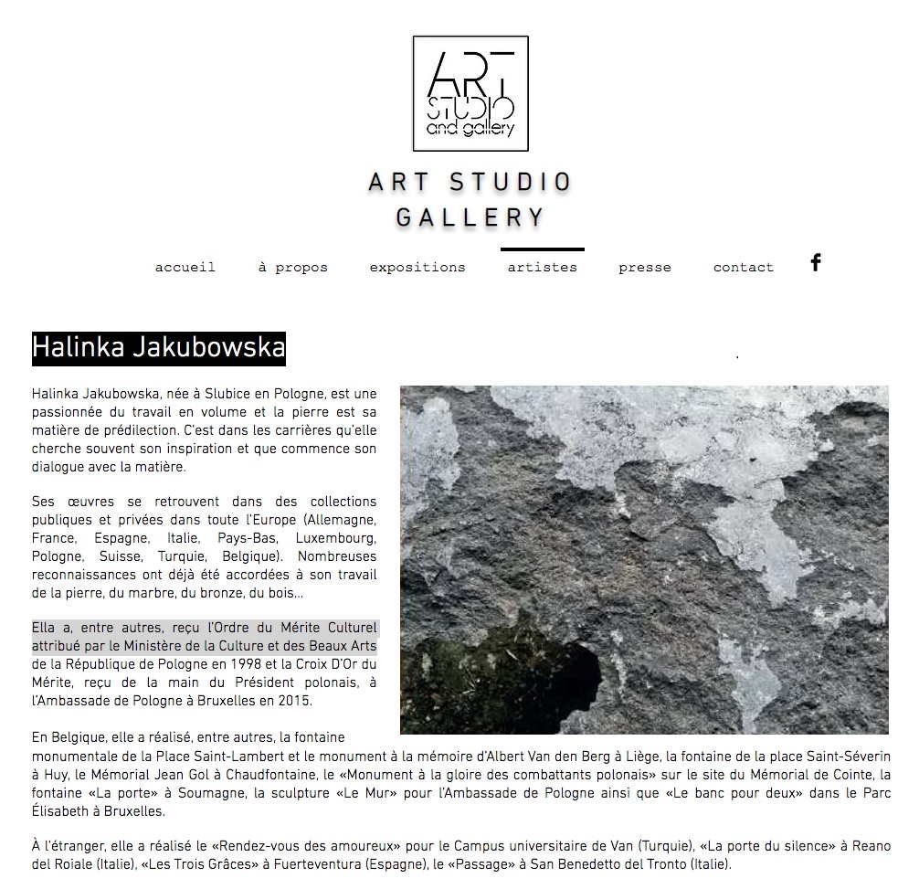 Page Internet. Art Studio Gallery. Halinka Jakubowska et Alain Édouard Antoine (sculptures, peintures). 2019-03-30